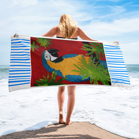 Relax with Blue & Gold Macaw Parrot Beach Towel - Jan Rickman